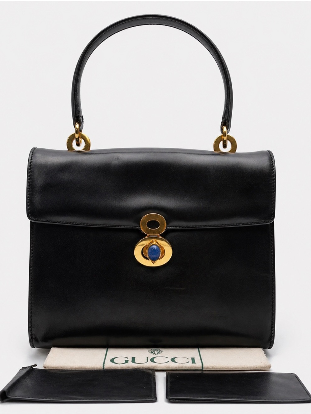 Vintage Gucci Black Leather Satchel with Gold & Lapis Lazuli Accent
